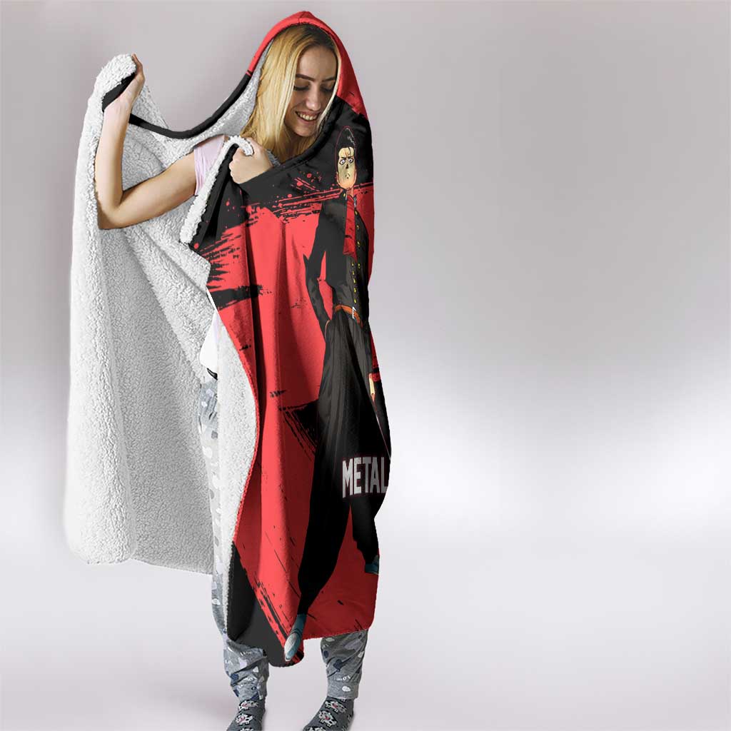 Metal Bat One Punch Man Anime Red and Black Theme Hooded Blanket with Street Fighter Style and Bold Bat Stance - The Mazicc