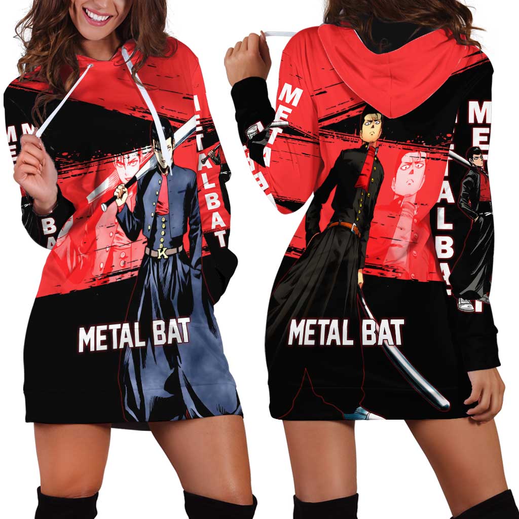 Metal Bat One Punch Man Anime Red and Black Theme Hoodie Dress with Street Fighter Style and Bold Bat Stance - The Mazicc