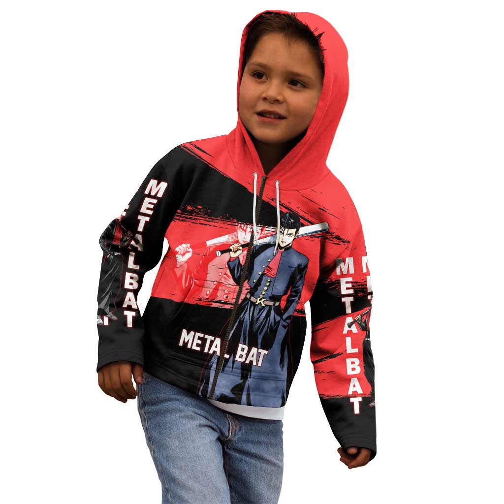 Metal Bat One Punch Man Anime Red and Black Theme Kid Hoodie with Street Fighter Style and Bold Bat Stance - The Mazicc