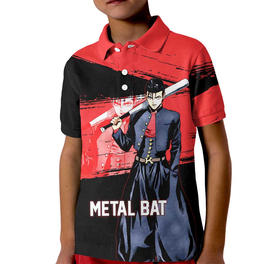 Metal Bat One Punch Man Anime Red and Black Theme Kid Polo Shirt with Street Fighter Style and Bold Bat Stance - The Mazicc