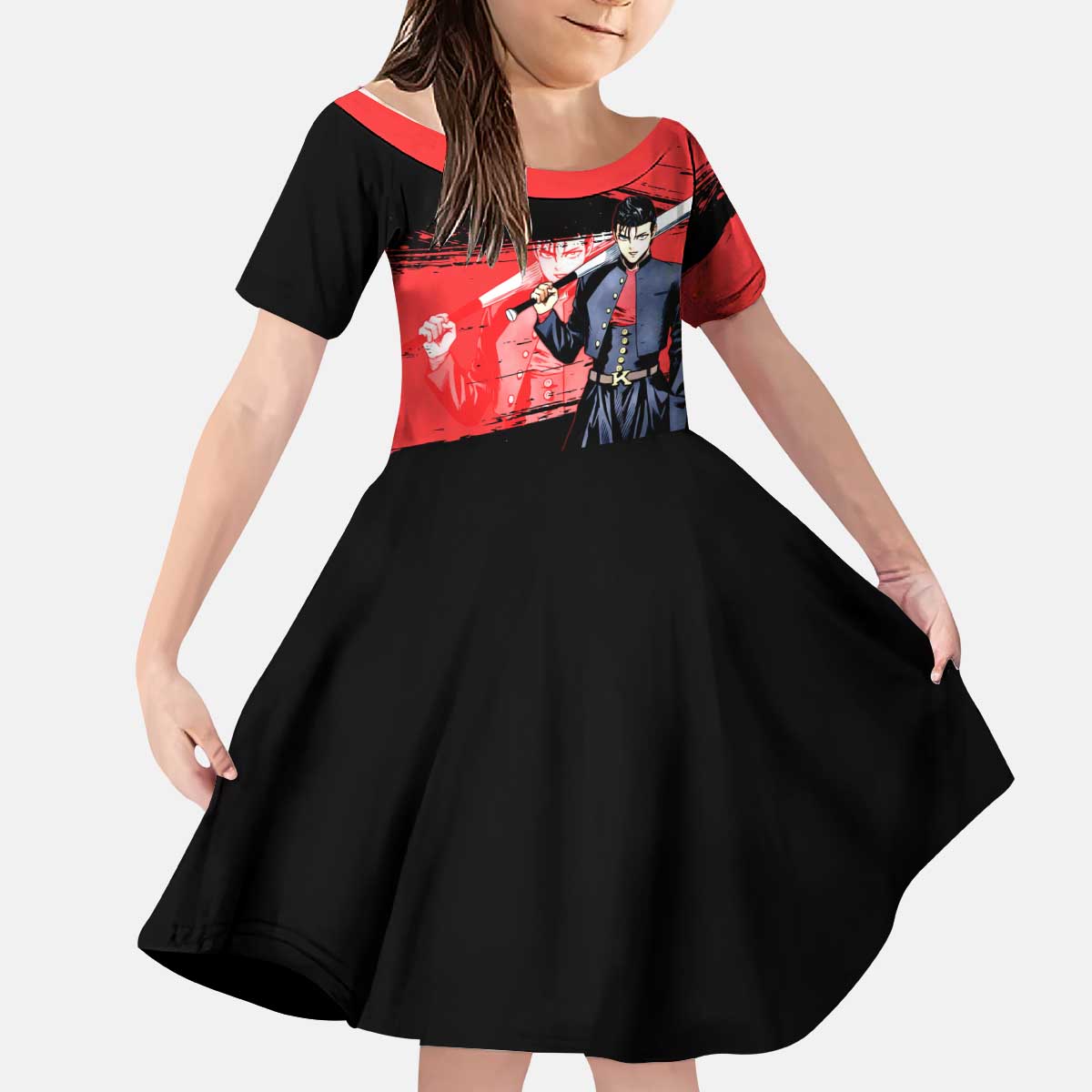 Metal Bat One Punch Man Anime Red and Black Theme Kid Short Sleeve Dress with Street Fighter Style and Bold Bat Stance - The Mazicc