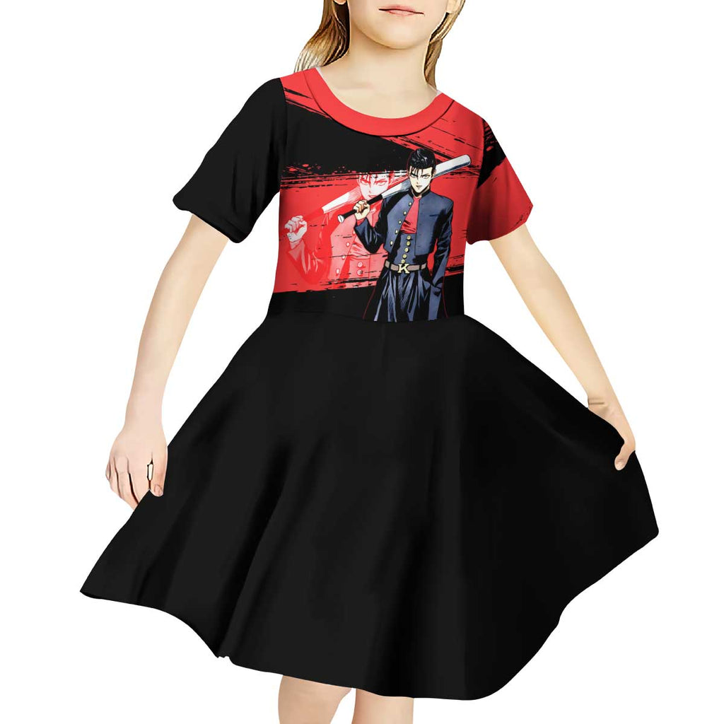Metal Bat One Punch Man Anime Red and Black Theme Kid Short Sleeve Dress with Street Fighter Style and Bold Bat Stance - The Mazicc