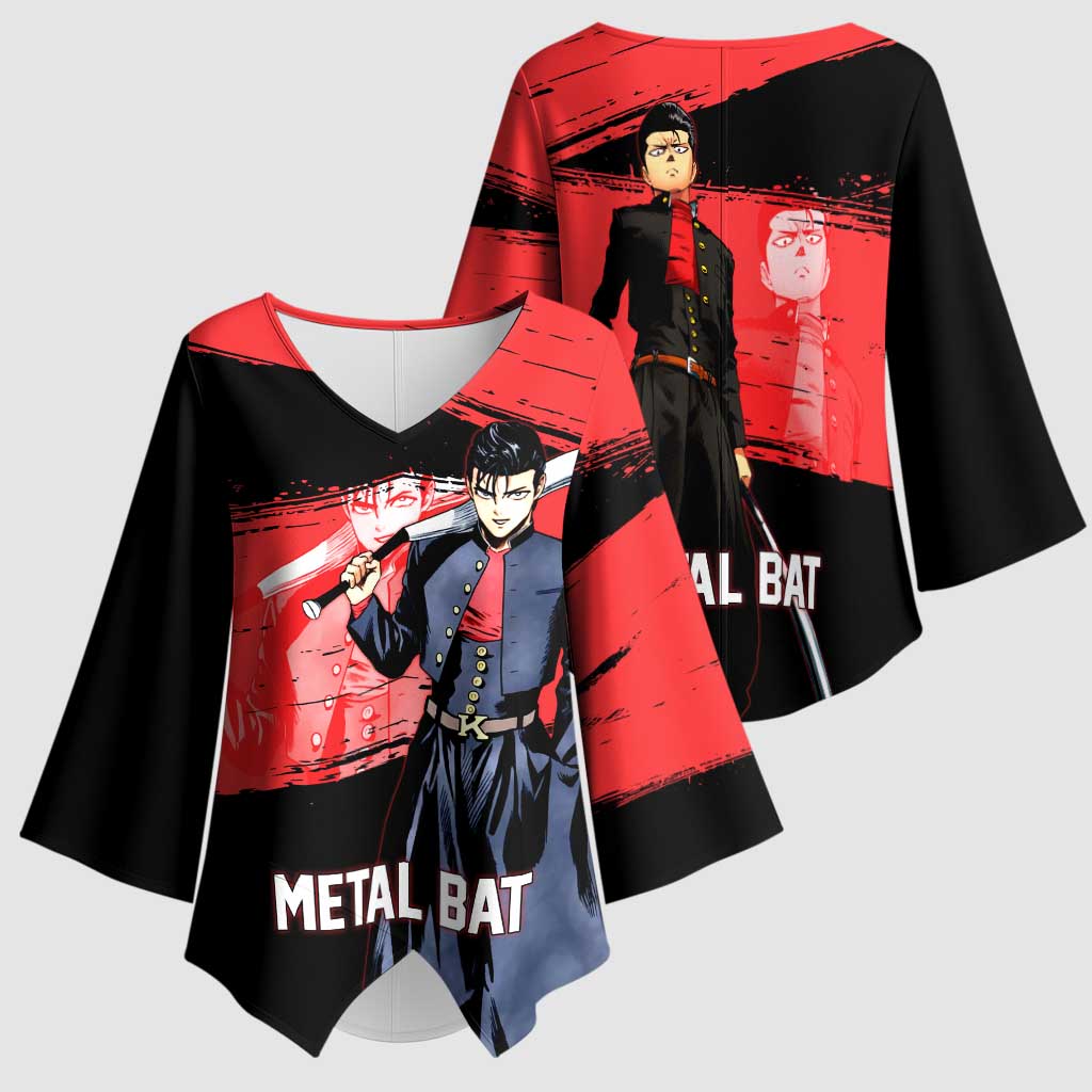 Metal Bat One Punch Man Anime Red and Black Theme Kimono Sleeve Blouse with Street Fighter Style and Bold Bat Stance - The Mazicc