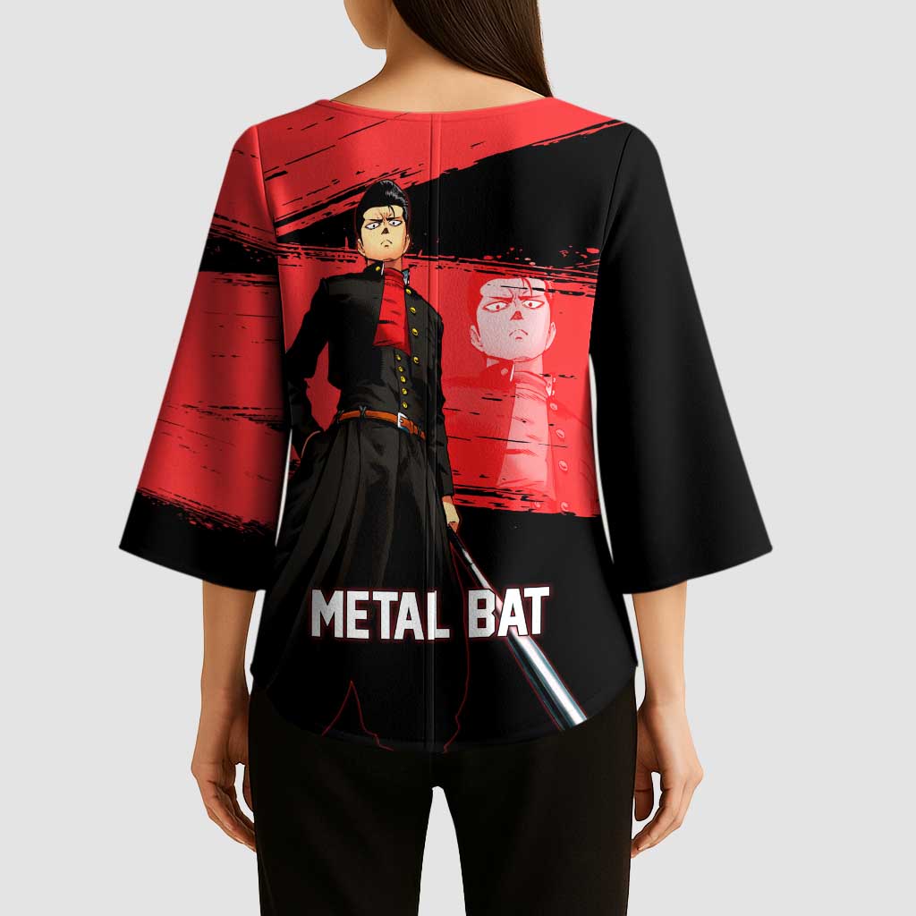 Metal Bat One Punch Man Anime Red and Black Theme Kimono Sleeve Blouse with Street Fighter Style and Bold Bat Stance - The Mazicc