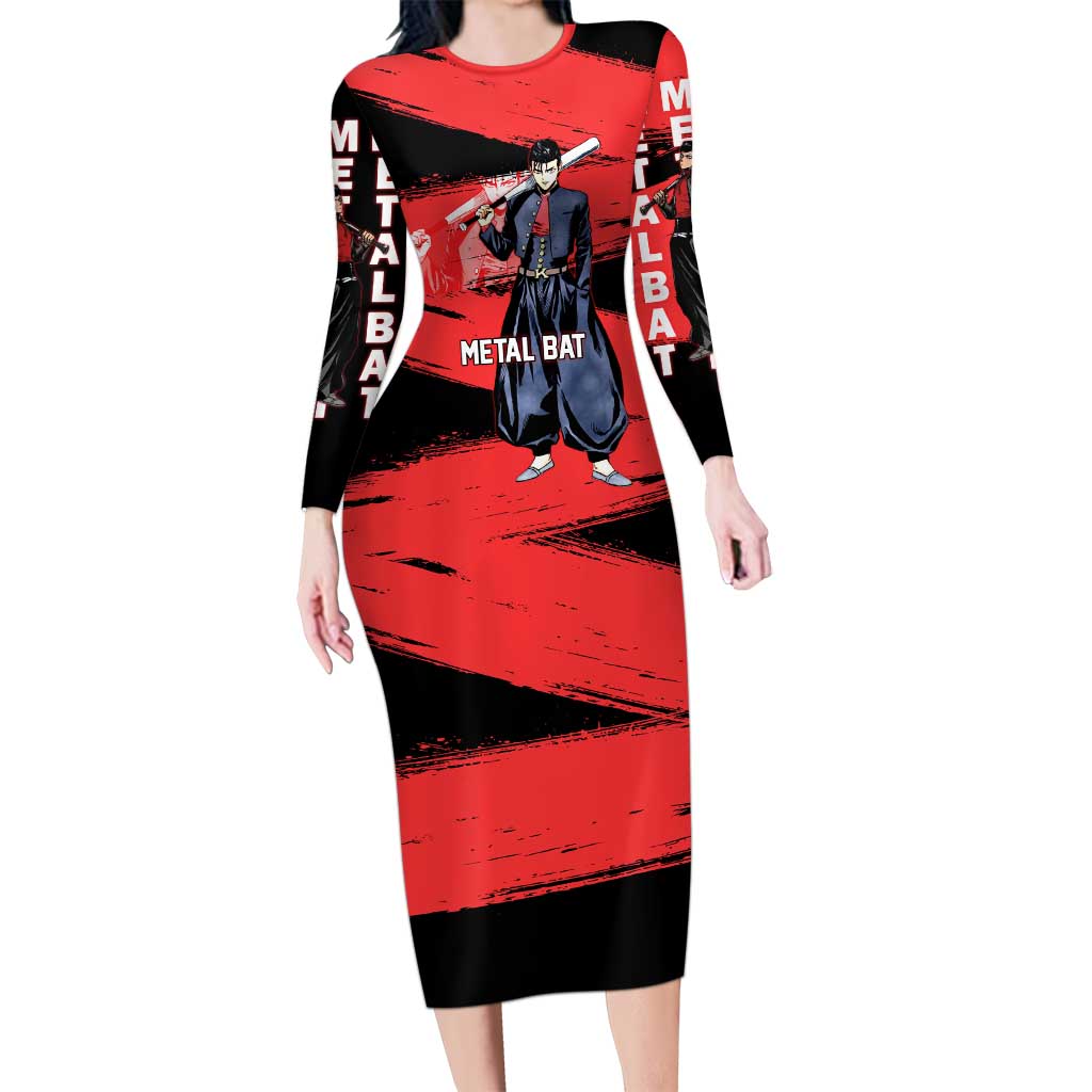 Metal Bat One Punch Man Anime Red and Black Theme Long Sleeve Bodycon Dress with Street Fighter Style and Bold Bat Stance - The Mazicc