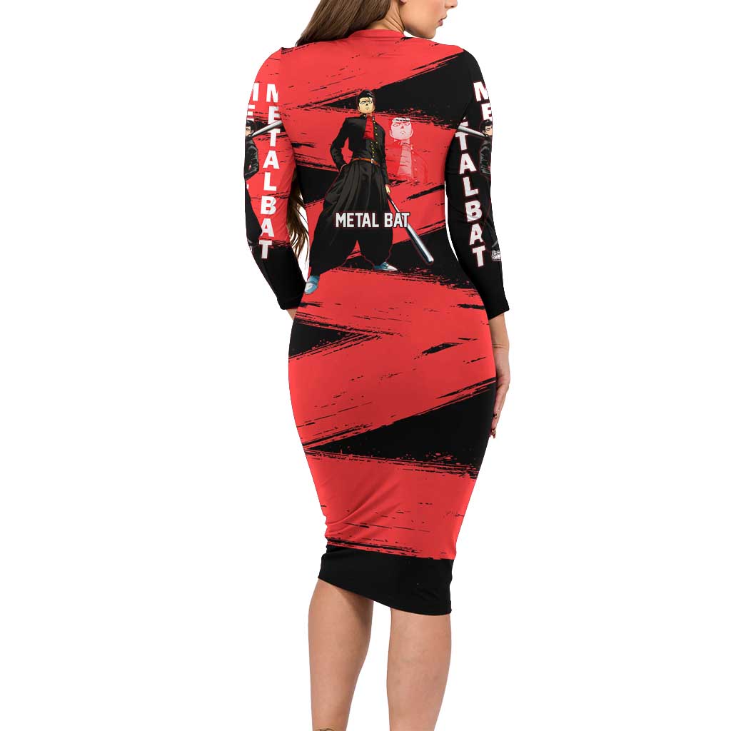 Metal Bat One Punch Man Anime Red and Black Theme Long Sleeve Bodycon Dress with Street Fighter Style and Bold Bat Stance - The Mazicc