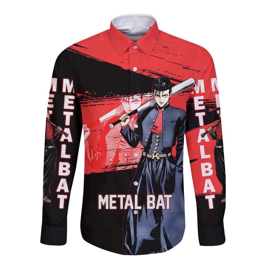 Metal Bat One Punch Man Anime Red and Black Theme Long Sleeve Button Shirt with Street Fighter Style and Bold Bat Stance - The Mazicc