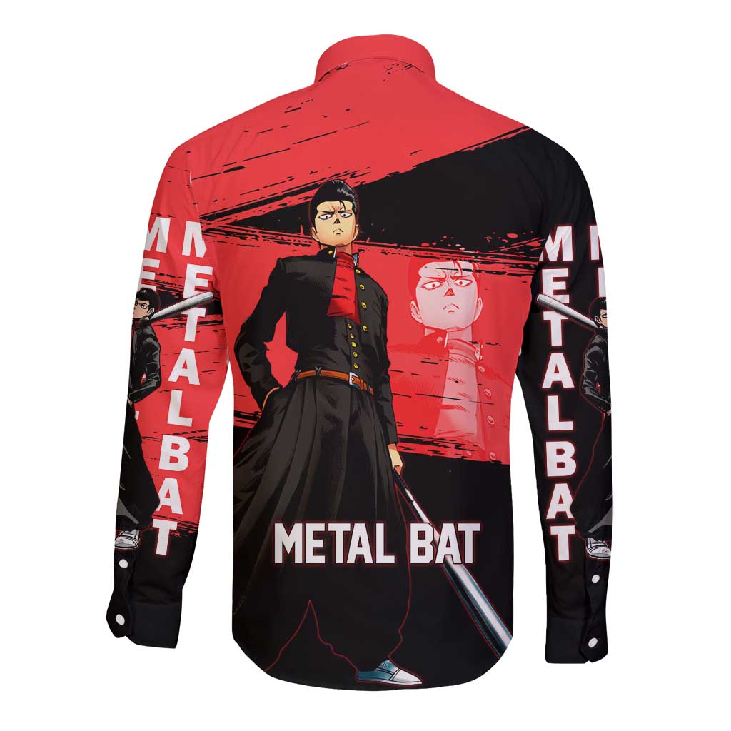 Metal Bat One Punch Man Anime Red and Black Theme Long Sleeve Button Shirt with Street Fighter Style and Bold Bat Stance - The Mazicc