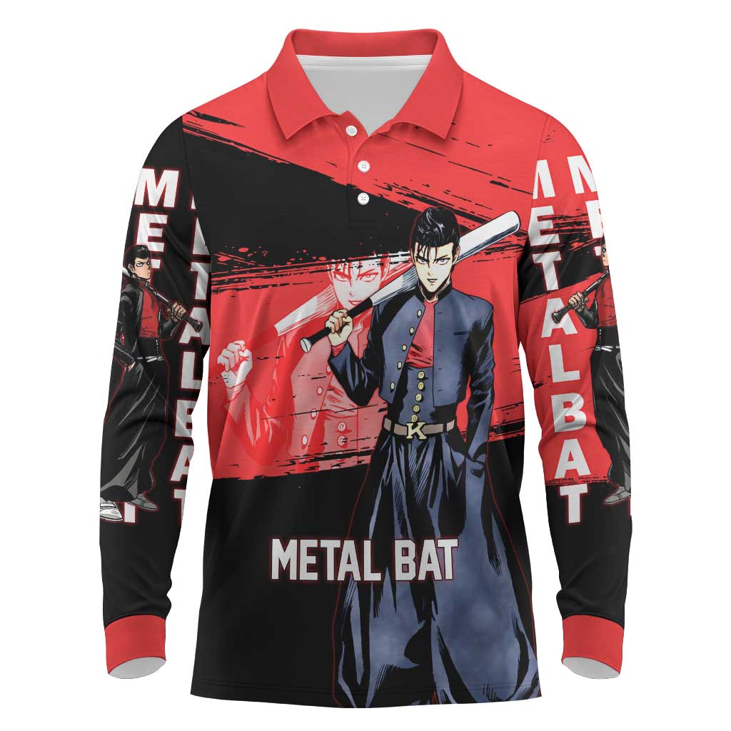 Metal Bat One Punch Man Anime Red and Black Theme Long Sleeve Polo Shirt with Street Fighter Style and Bold Bat Stance - The Mazicc
