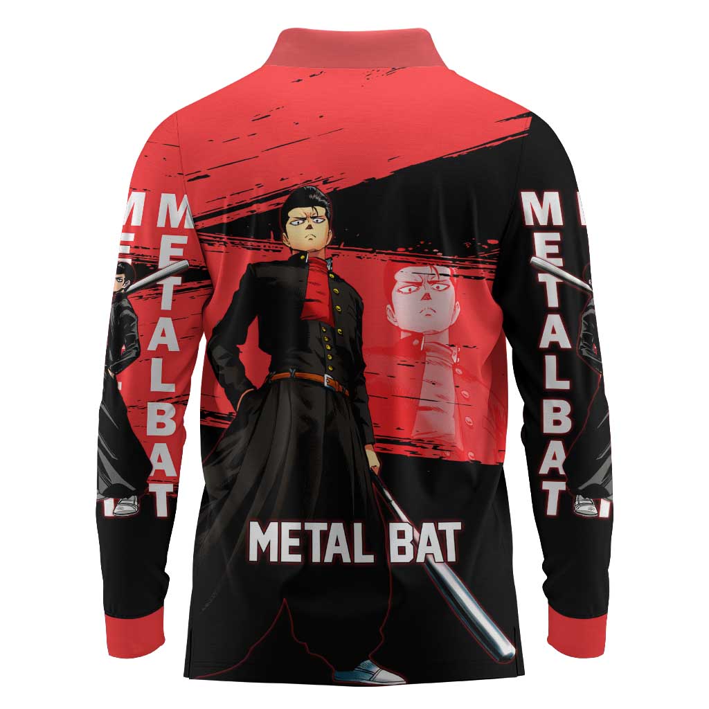 Metal Bat One Punch Man Anime Red and Black Theme Long Sleeve Polo Shirt with Street Fighter Style and Bold Bat Stance - The Mazicc