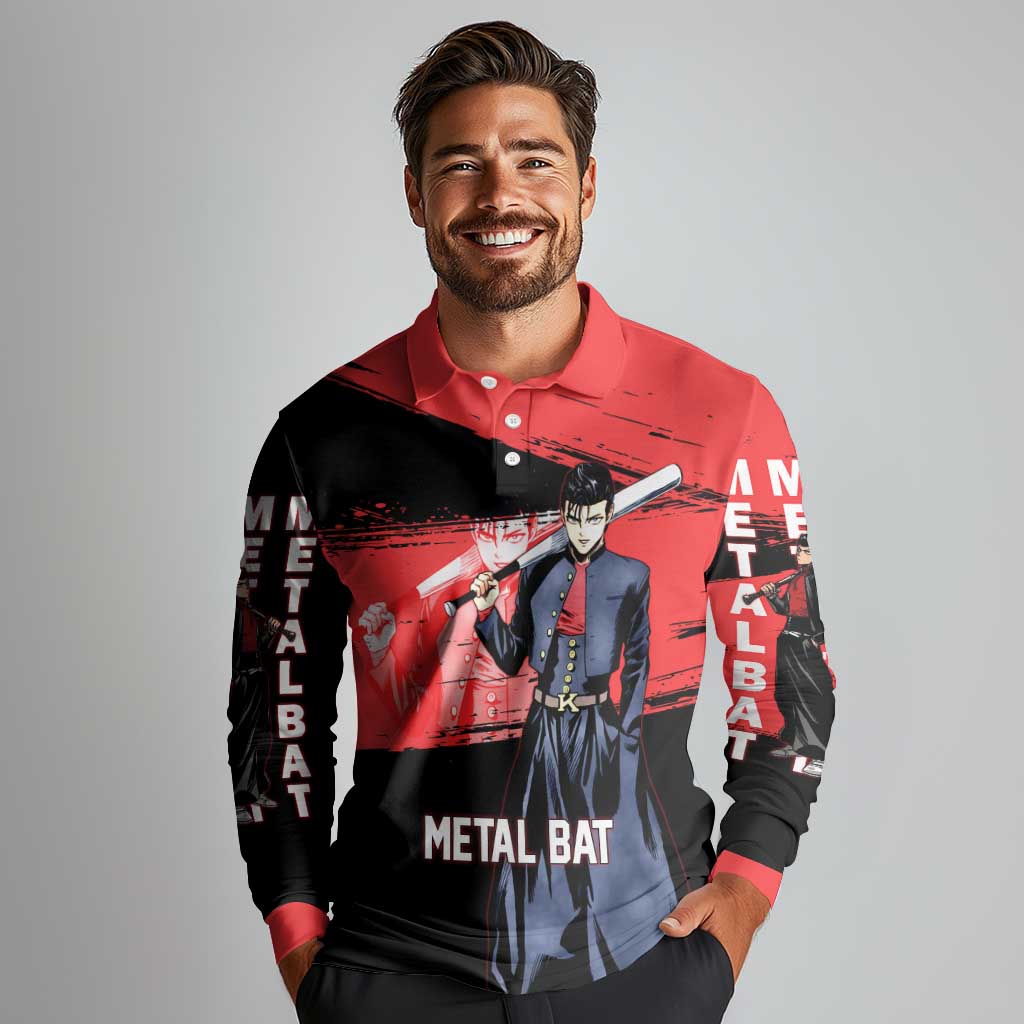 Metal Bat One Punch Man Anime Red and Black Theme Long Sleeve Polo Shirt with Street Fighter Style and Bold Bat Stance - The Mazicc
