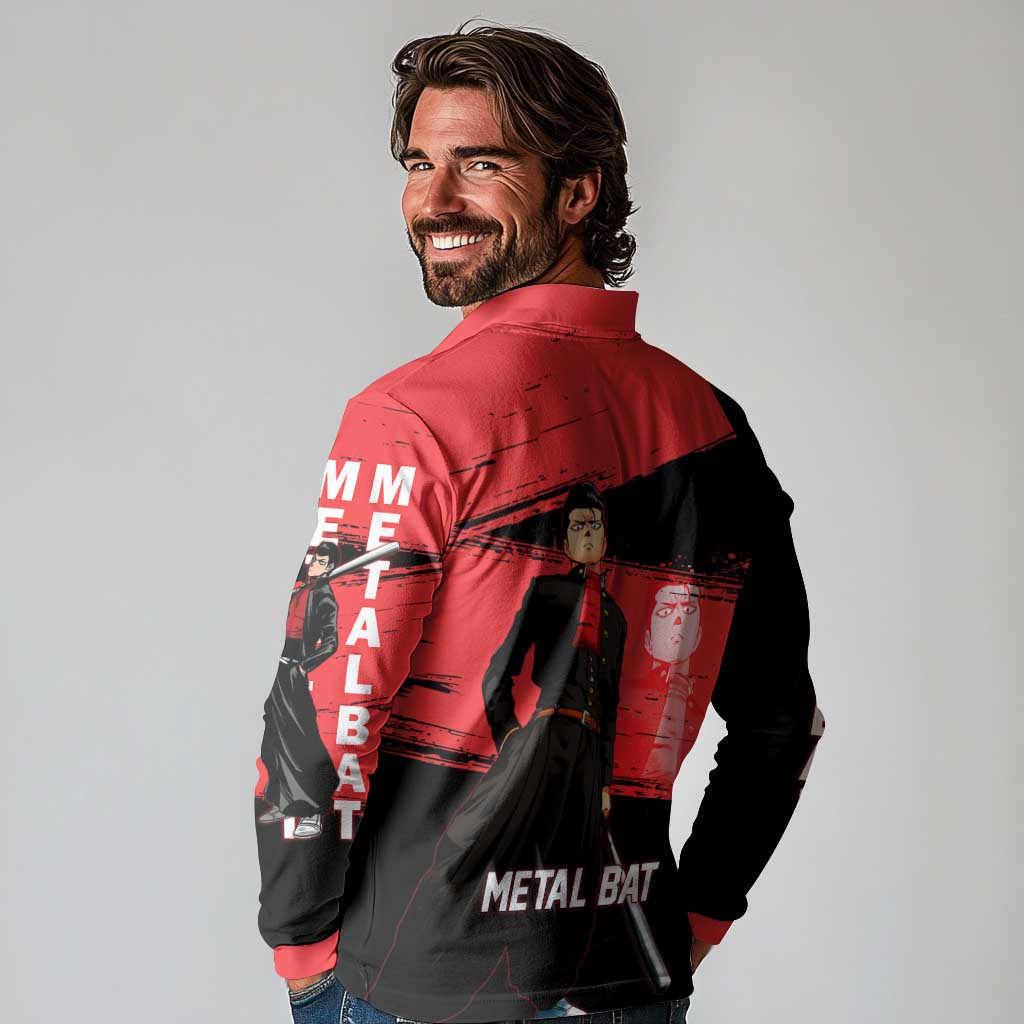 Metal Bat One Punch Man Anime Red and Black Theme Long Sleeve Polo Shirt with Street Fighter Style and Bold Bat Stance - The Mazicc