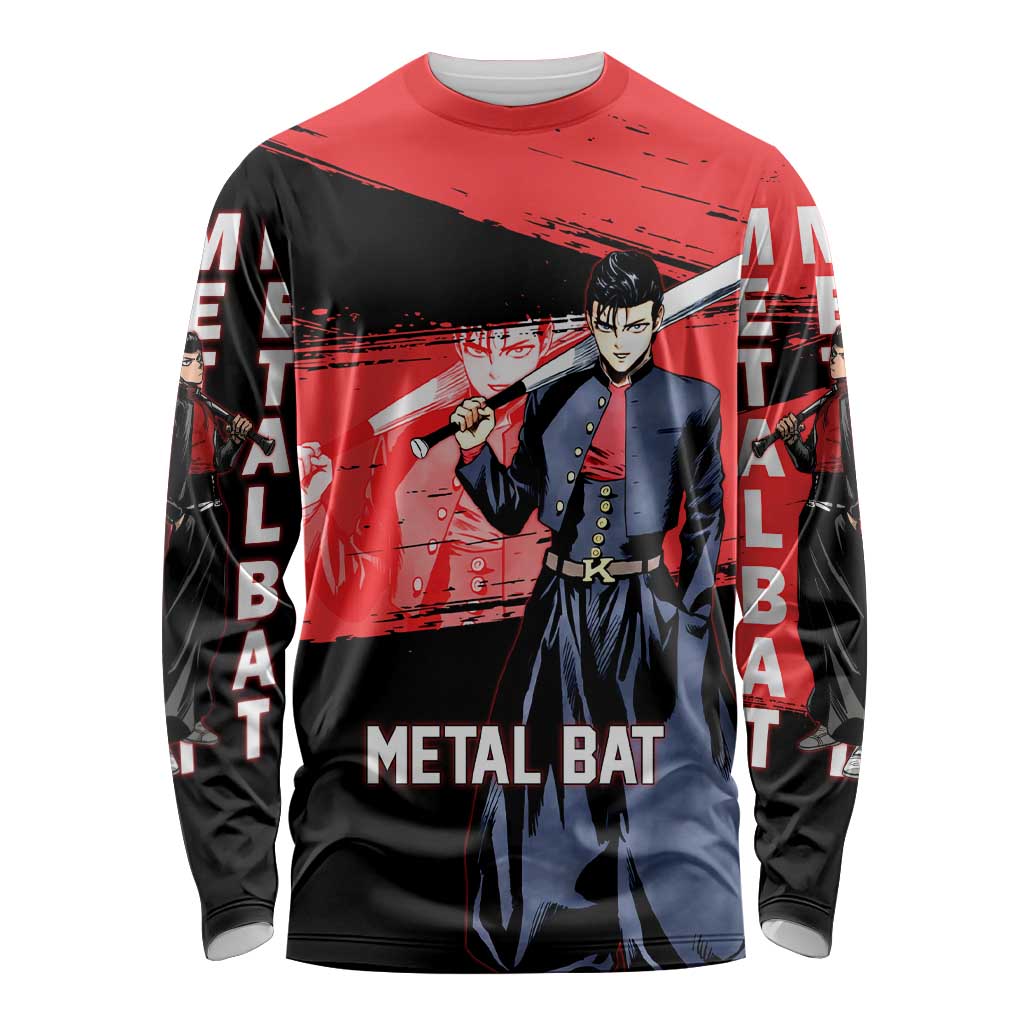 Metal Bat One Punch Man Anime Red and Black Theme Long Sleeve Shirt with Street Fighter Style and Bold Bat Stance - The Mazicc