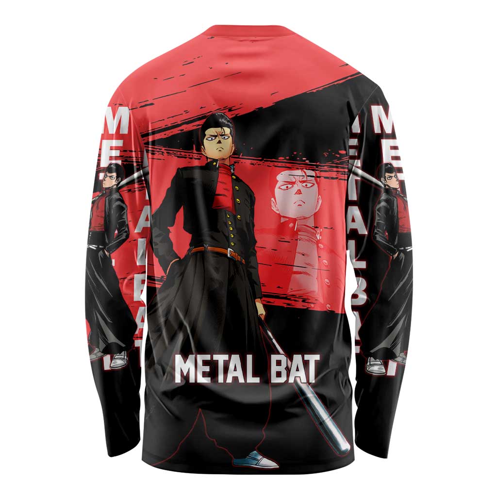 Metal Bat One Punch Man Anime Red and Black Theme Long Sleeve Shirt with Street Fighter Style and Bold Bat Stance - The Mazicc