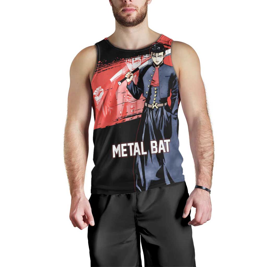 Metal Bat One Punch Man Anime Red and Black Theme Men Tank Top with Street Fighter Style and Bold Bat Stance - The Mazicc