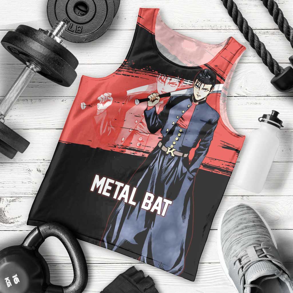 Metal Bat One Punch Man Anime Red and Black Theme Men Tank Top with Street Fighter Style and Bold Bat Stance - The Mazicc