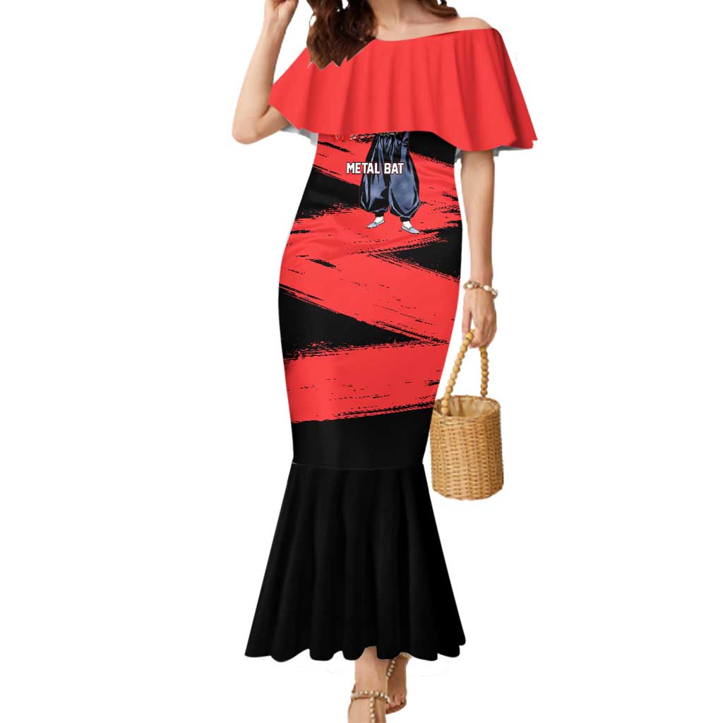 Metal Bat One Punch Man Anime Red and Black Theme Mermaid Dress with Street Fighter Style and Bold Bat Stance - The Mazicc