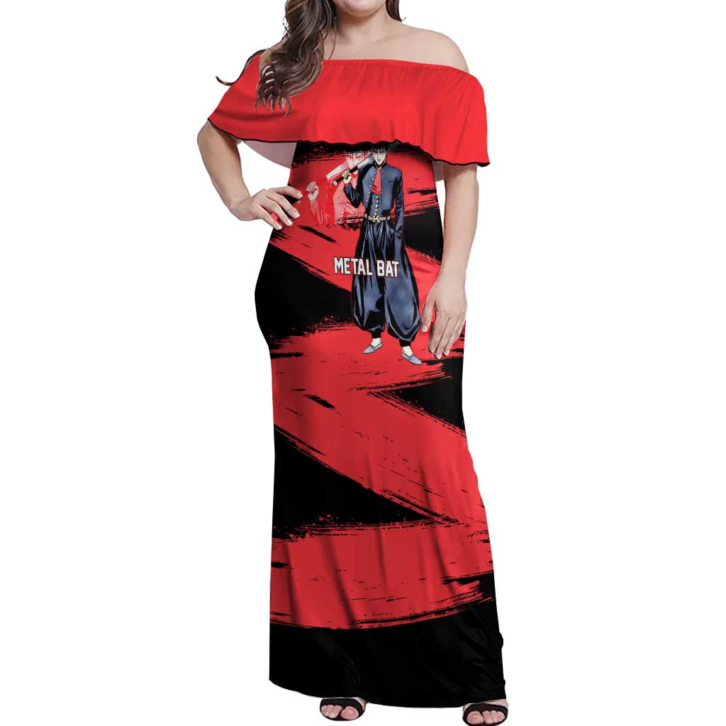Metal Bat One Punch Man Anime Red and Black Theme Off Shoulder Maxi Dress with Street Fighter Style and Bold Bat Stance - The Mazicc