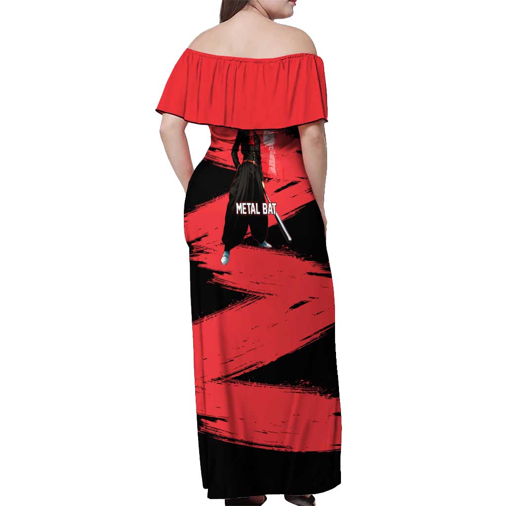 Metal Bat One Punch Man Anime Red and Black Theme Off Shoulder Maxi Dress with Street Fighter Style and Bold Bat Stance - The Mazicc