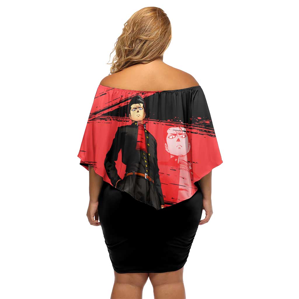 Metal Bat One Punch Man Anime Red and Black Theme Off Shoulder Short Dress with Street Fighter Style and Bold Bat Stance - The Mazicc