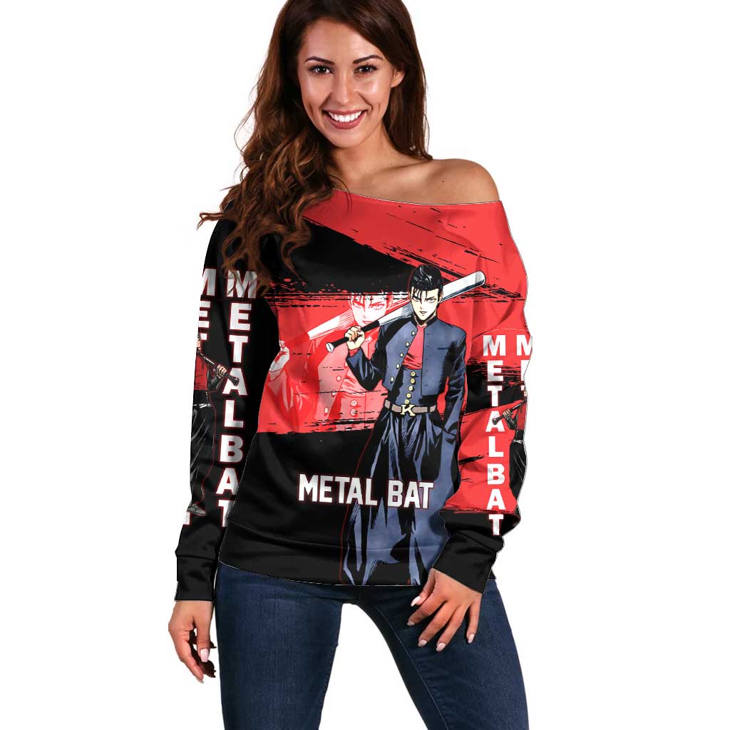 Metal Bat One Punch Man Anime Red and Black Theme Off Shoulder Sweater with Street Fighter Style and Bold Bat Stance - The Mazicc