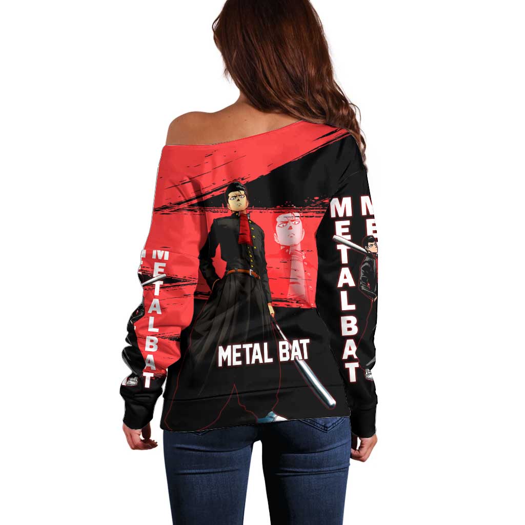 Metal Bat One Punch Man Anime Red and Black Theme Off Shoulder Sweater with Street Fighter Style and Bold Bat Stance - The Mazicc
