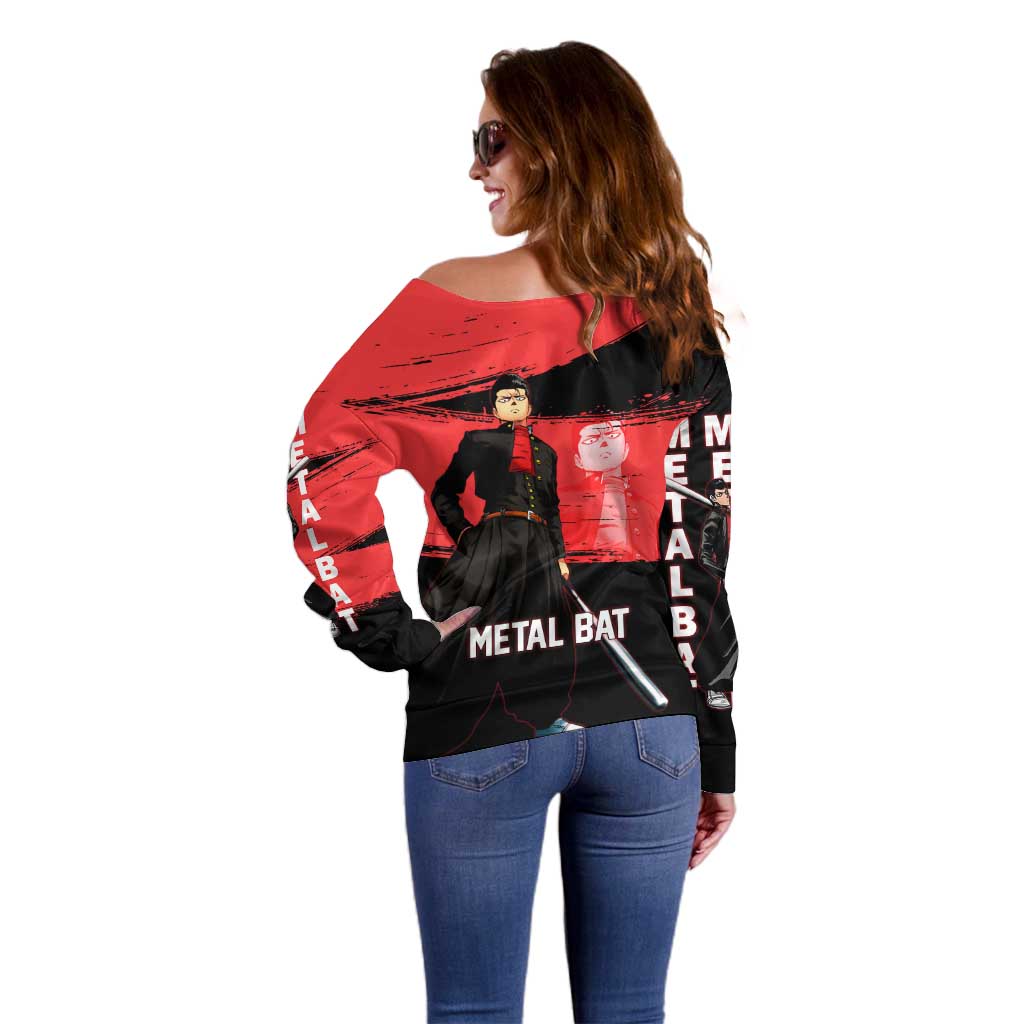 Metal Bat One Punch Man Anime Red and Black Theme Off Shoulder Sweater with Street Fighter Style and Bold Bat Stance - The Mazicc