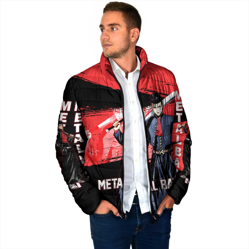 Metal Bat One Punch Man Anime Red and Black Theme Padded Jacket with Street Fighter Style and Bold Bat Stance - The Mazicc