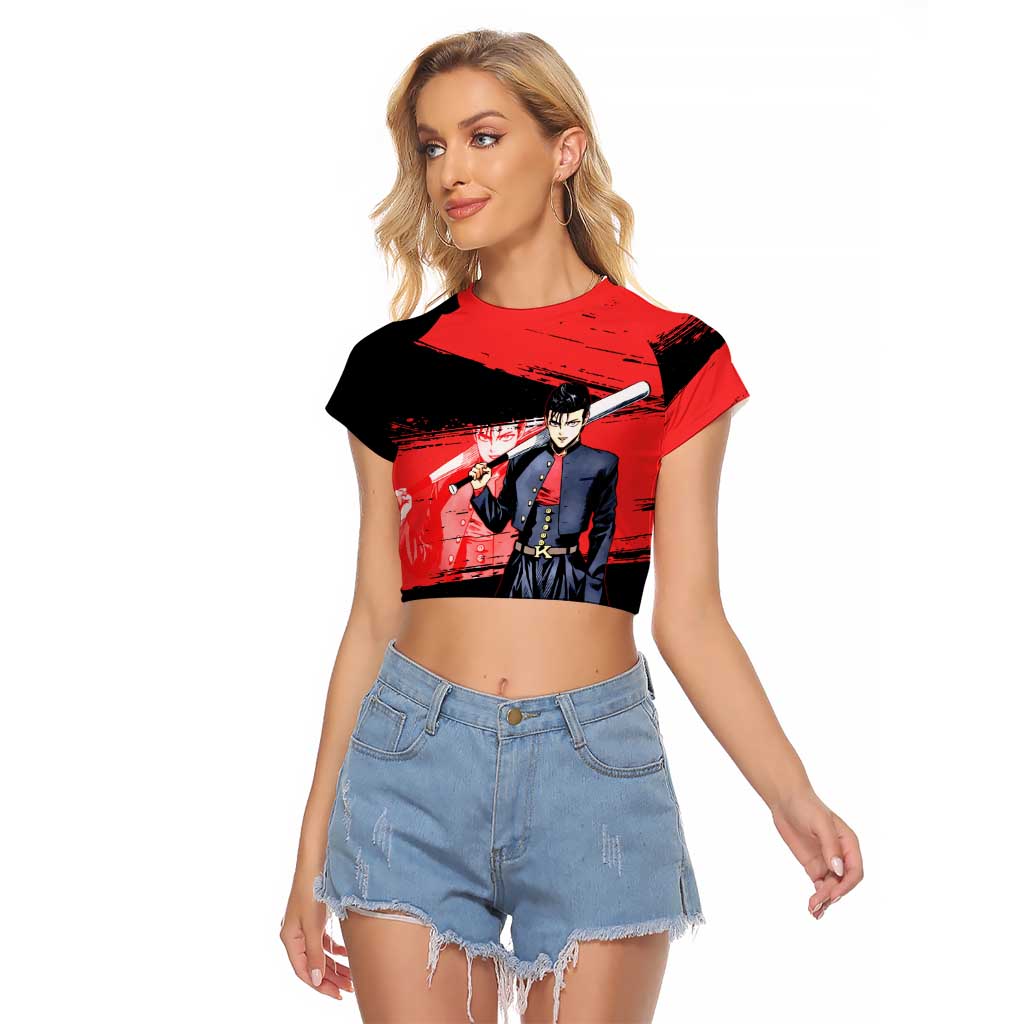 Metal Bat One Punch Man Anime Red and Black Theme Raglan Cropped T Shirt with Street Fighter Style and Bold Bat Stance - The Mazicc