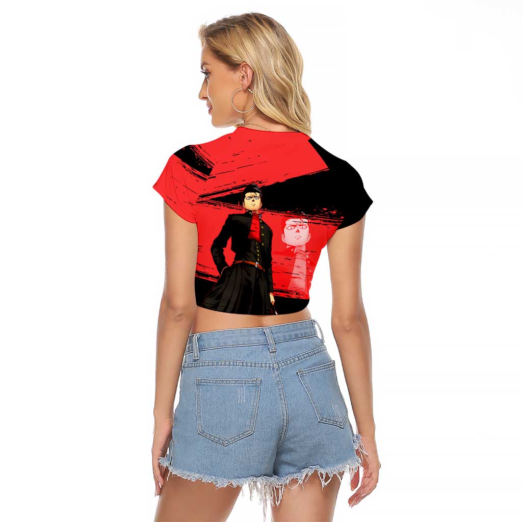 Metal Bat One Punch Man Anime Red and Black Theme Raglan Cropped T Shirt with Street Fighter Style and Bold Bat Stance - The Mazicc