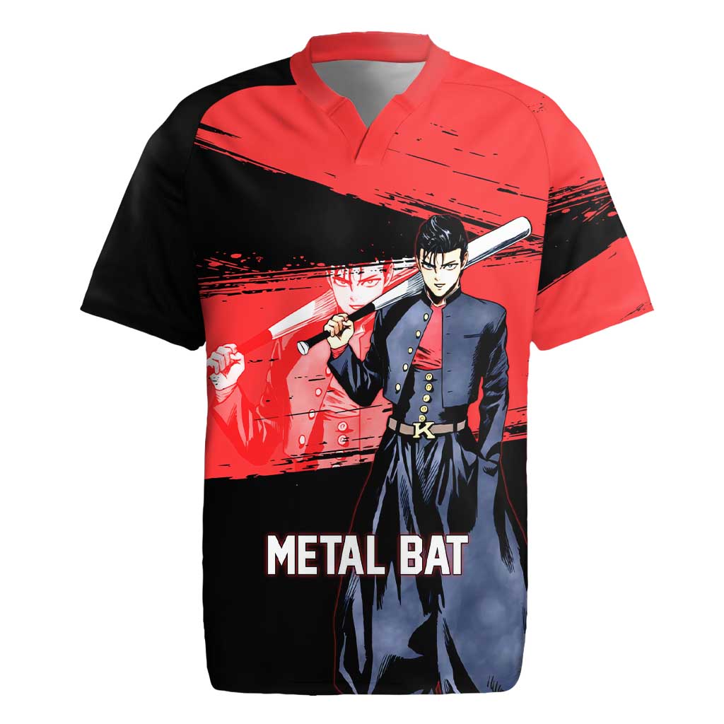 Metal Bat One Punch Man Anime Red and Black Theme Rugby Jersey with Street Fighter Style and Bold Bat Stance - The Mazicc
