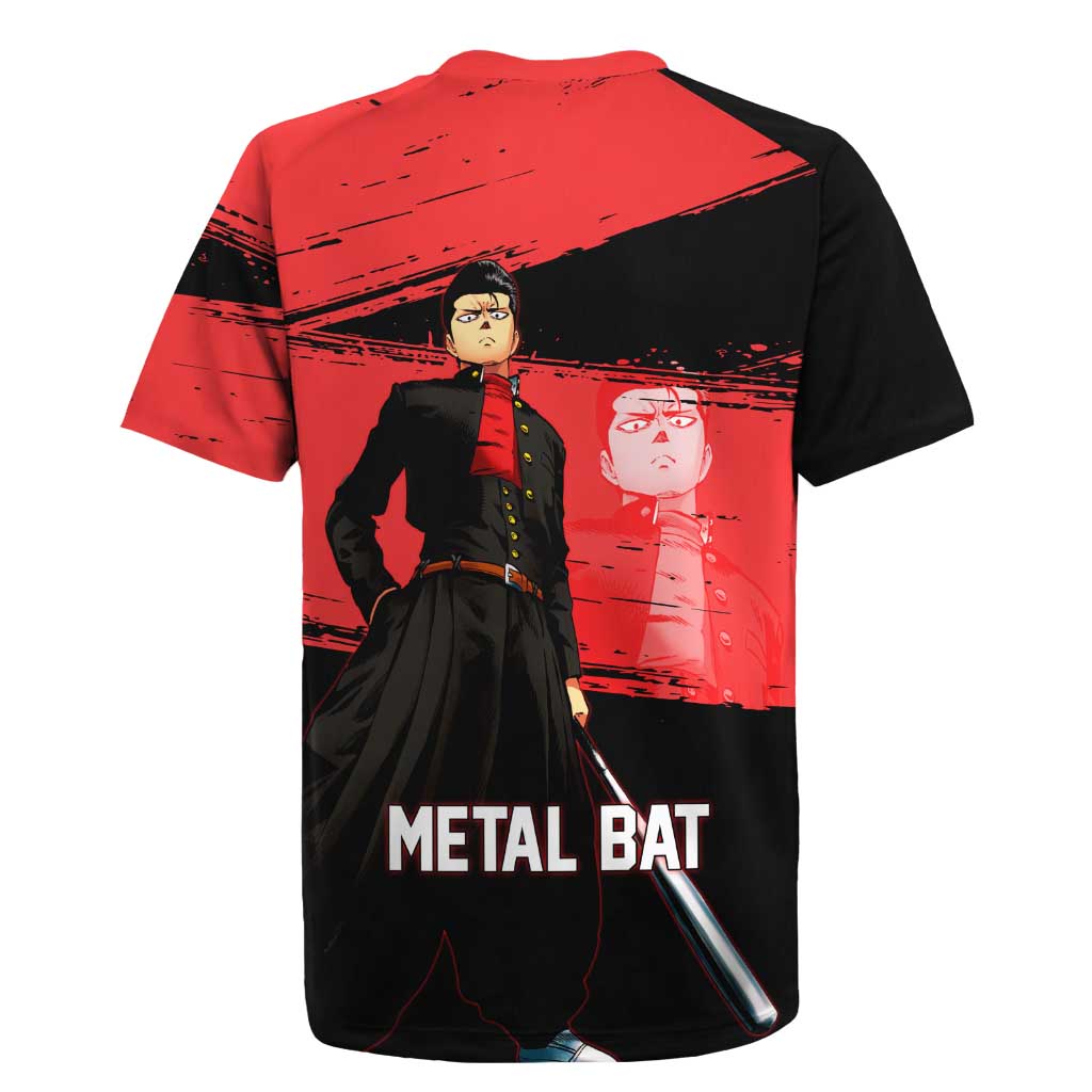 Metal Bat One Punch Man Anime Red and Black Theme Rugby Jersey with Street Fighter Style and Bold Bat Stance - The Mazicc