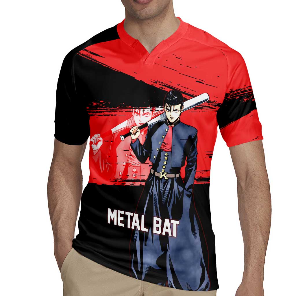 Metal Bat One Punch Man Anime Red and Black Theme Rugby Jersey with Street Fighter Style and Bold Bat Stance - The Mazicc