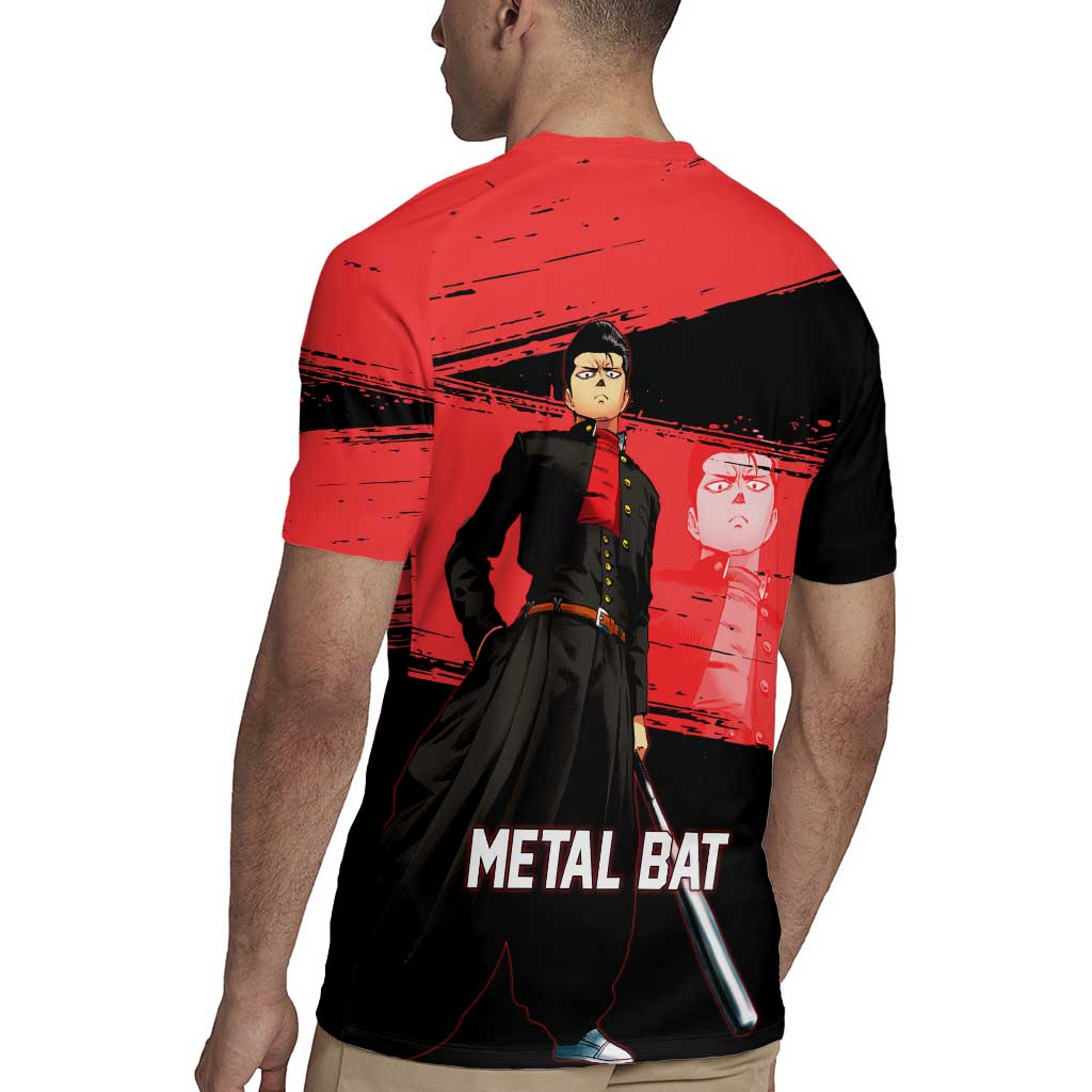 Metal Bat One Punch Man Anime Red and Black Theme Rugby Jersey with Street Fighter Style and Bold Bat Stance - The Mazicc
