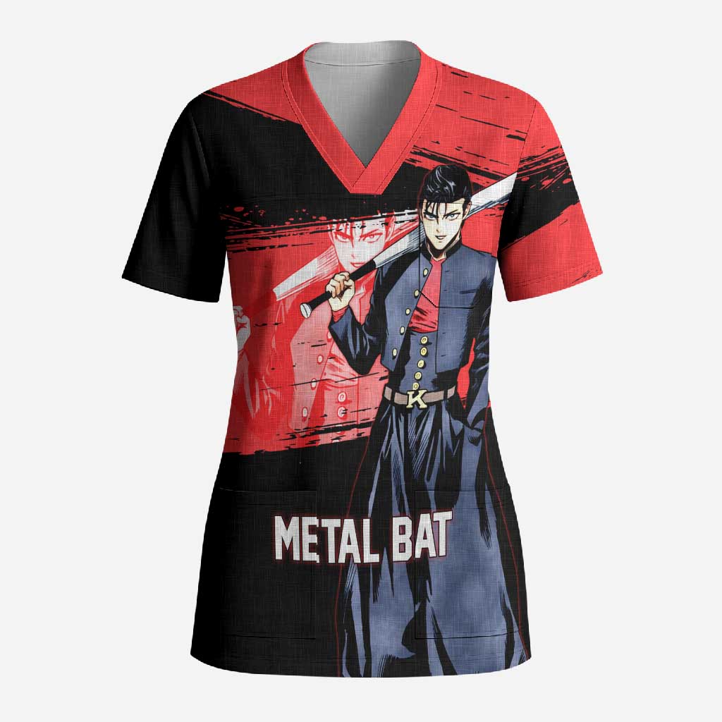 Metal Bat One Punch Man Anime Red and Black Theme Scrub Top with Street Fighter Style and Bold Bat Stance - The Mazicc