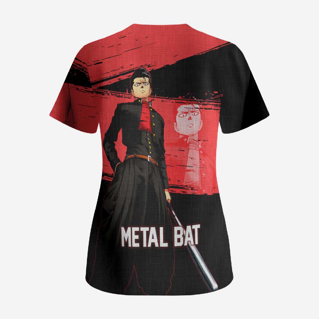 Metal Bat One Punch Man Anime Red and Black Theme Scrub Top with Street Fighter Style and Bold Bat Stance - The Mazicc