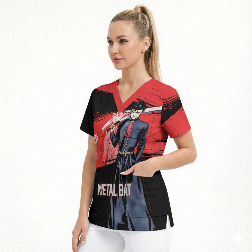 Metal Bat One Punch Man Anime Red and Black Theme Scrub Top with Street Fighter Style and Bold Bat Stance - The Mazicc