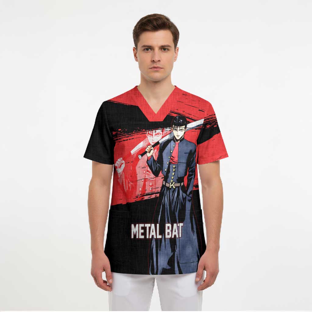 Metal Bat One Punch Man Anime Red and Black Theme Scrub Top with Street Fighter Style and Bold Bat Stance - The Mazicc