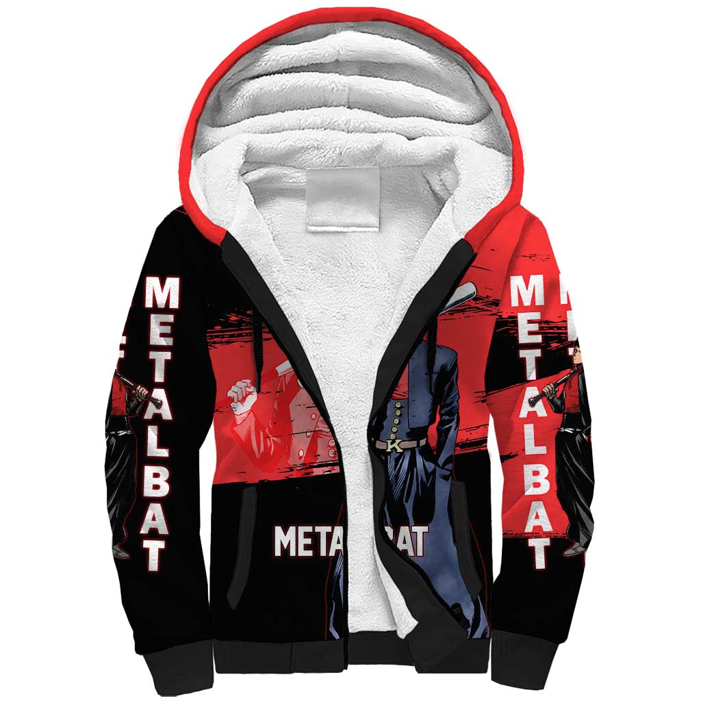 Metal Bat One Punch Man Anime Red and Black Theme Sherpa Hoodie with Street Fighter Style and Bold Bat Stance - The Mazicc