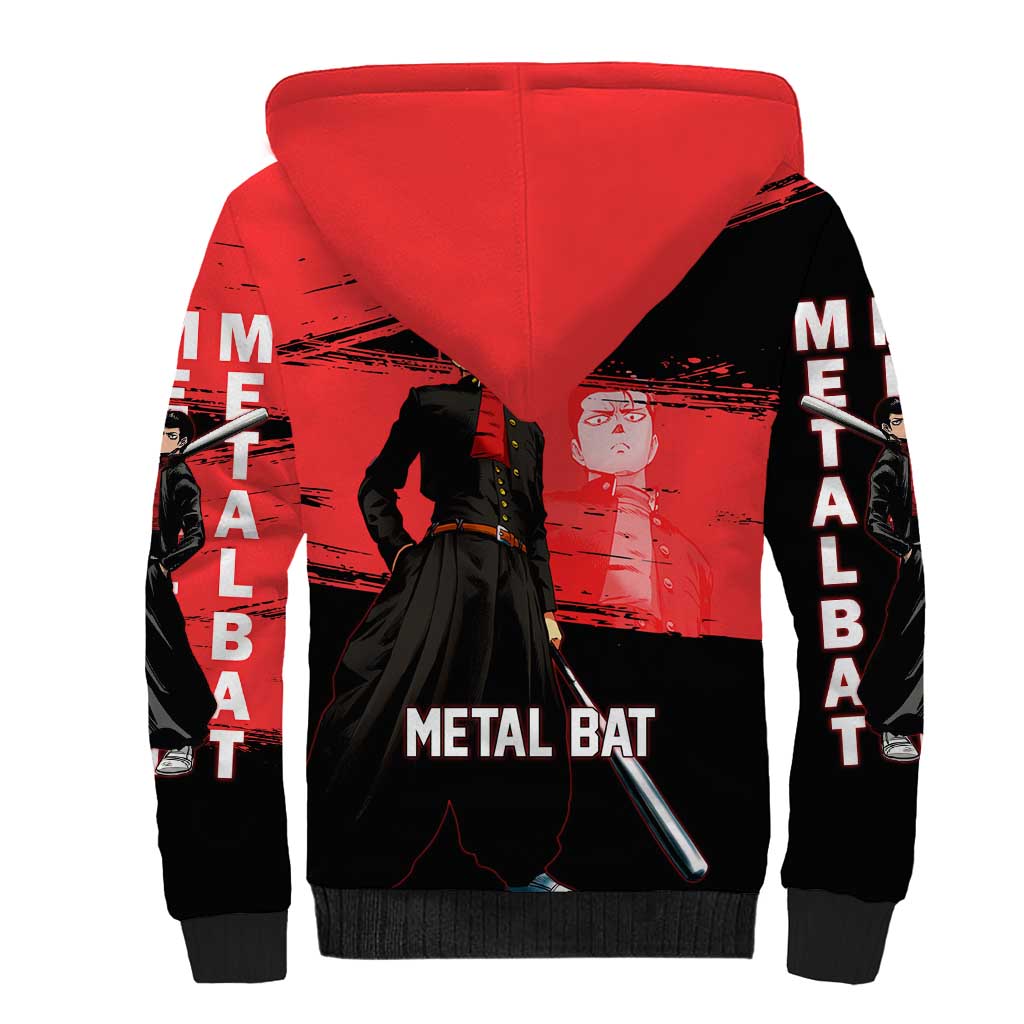 Metal Bat One Punch Man Anime Red and Black Theme Sherpa Hoodie with Street Fighter Style and Bold Bat Stance - The Mazicc