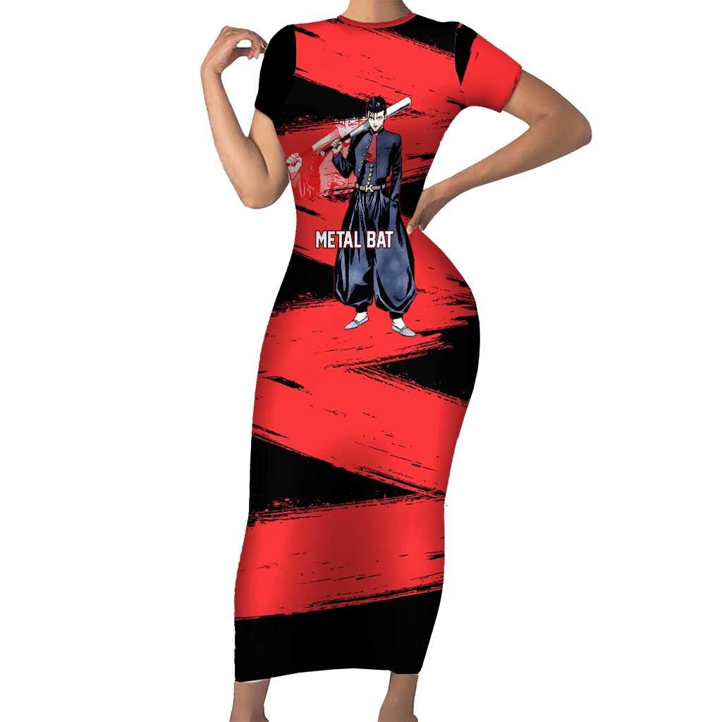 Metal Bat One Punch Man Anime Red and Black Theme Short Sleeve Bodycon Dress with Street Fighter Style and Bold Bat Stance - The Mazicc