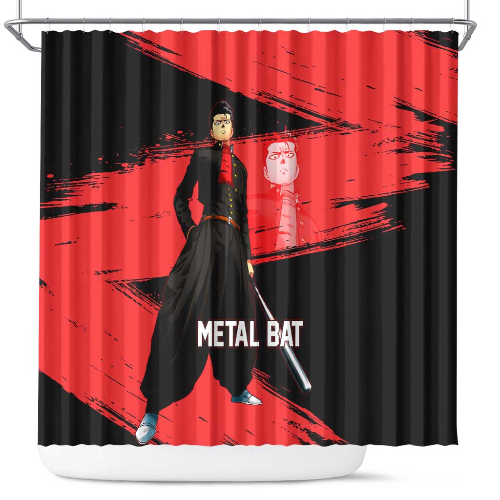 Metal Bat One Punch Man Anime Red and Black Theme Shower Curtain with Street Fighter Style and Bold Bat Stance - The Mazicc