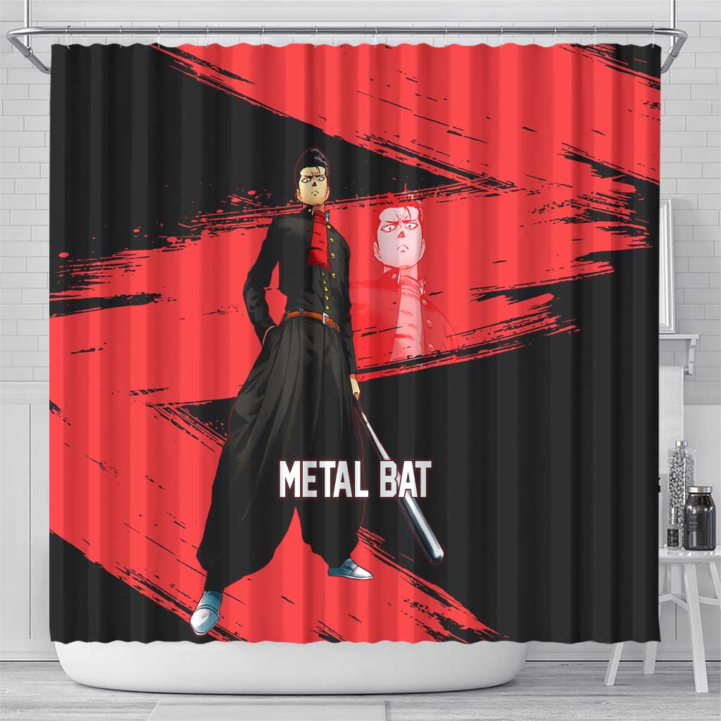 Metal Bat One Punch Man Anime Red and Black Theme Shower Curtain with Street Fighter Style and Bold Bat Stance - The Mazicc