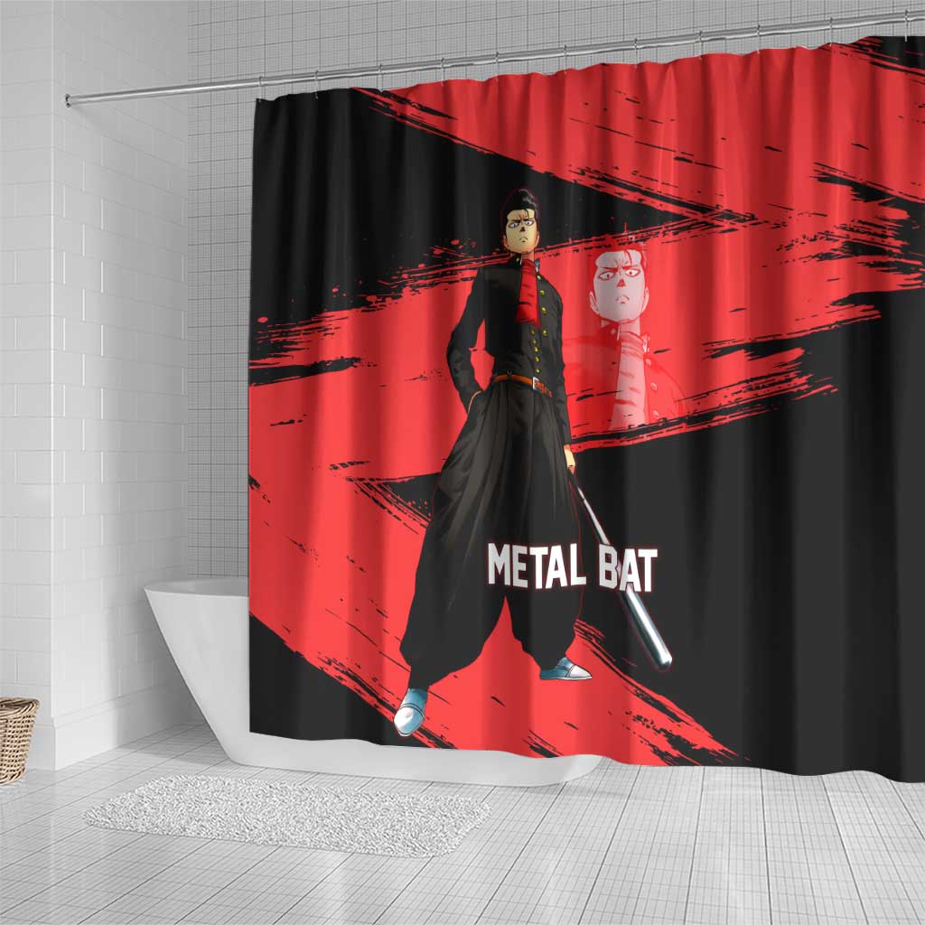 Metal Bat One Punch Man Anime Red and Black Theme Shower Curtain with Street Fighter Style and Bold Bat Stance - The Mazicc