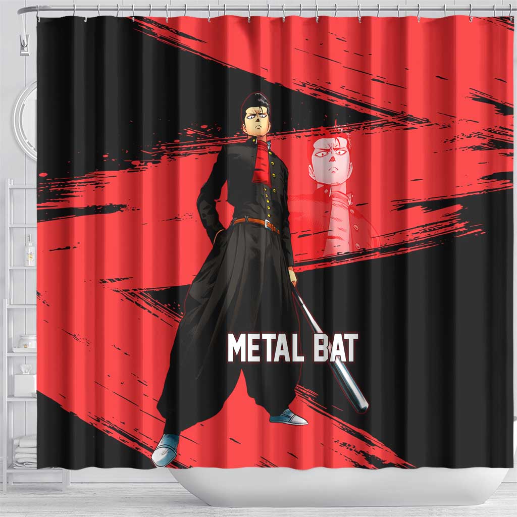 Metal Bat One Punch Man Anime Red and Black Theme Shower Curtain with Street Fighter Style and Bold Bat Stance - The Mazicc