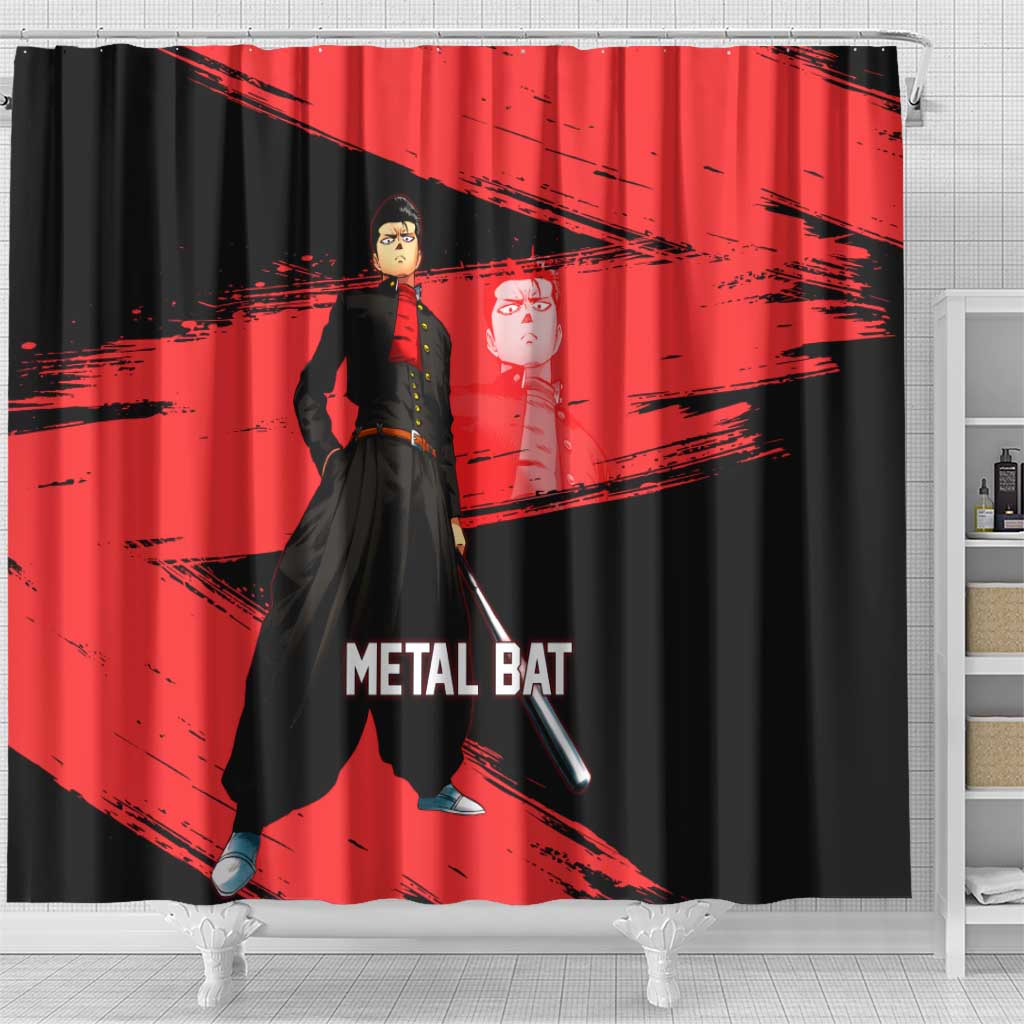Metal Bat One Punch Man Anime Red and Black Theme Shower Curtain with Street Fighter Style and Bold Bat Stance - The Mazicc