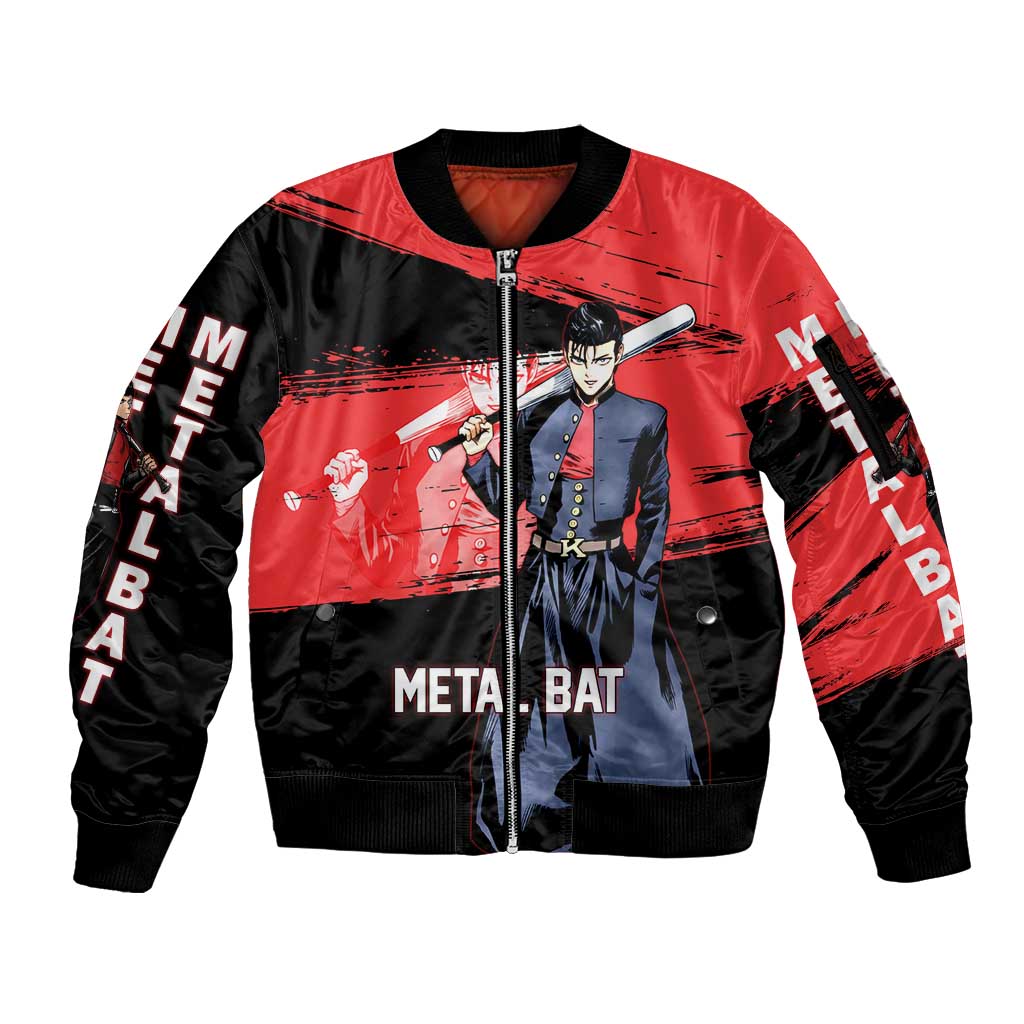 Metal Bat One Punch Man Anime Red and Black Theme Sleeve Zip Bomber Jacket with Street Fighter Style and Bold Bat Stance - The Mazicc
