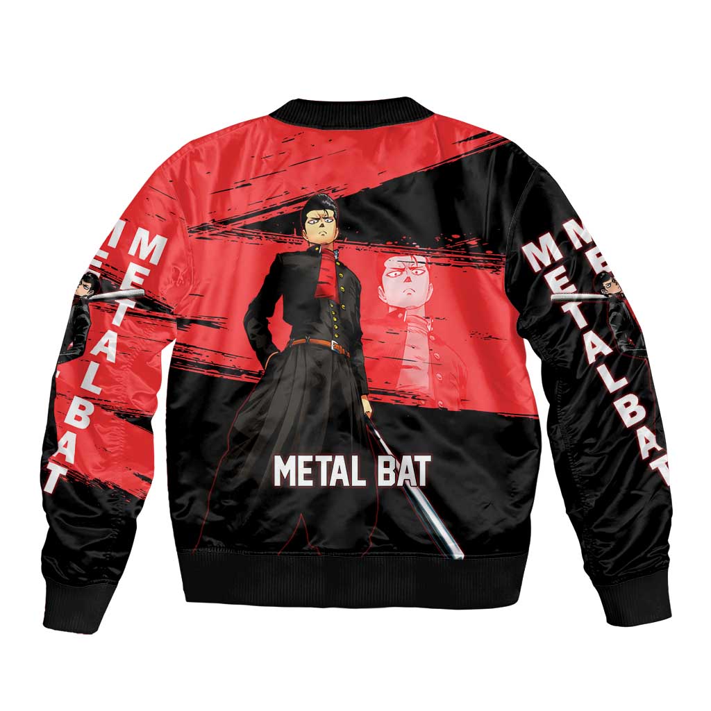 Metal Bat One Punch Man Anime Red and Black Theme Sleeve Zip Bomber Jacket with Street Fighter Style and Bold Bat Stance - The Mazicc