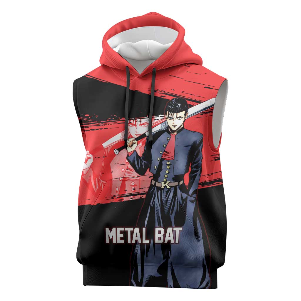 Metal Bat One Punch Man Anime Red and Black Theme Sleeveless Hoodie with Street Fighter Style and Bold Bat Stance - The Mazicc