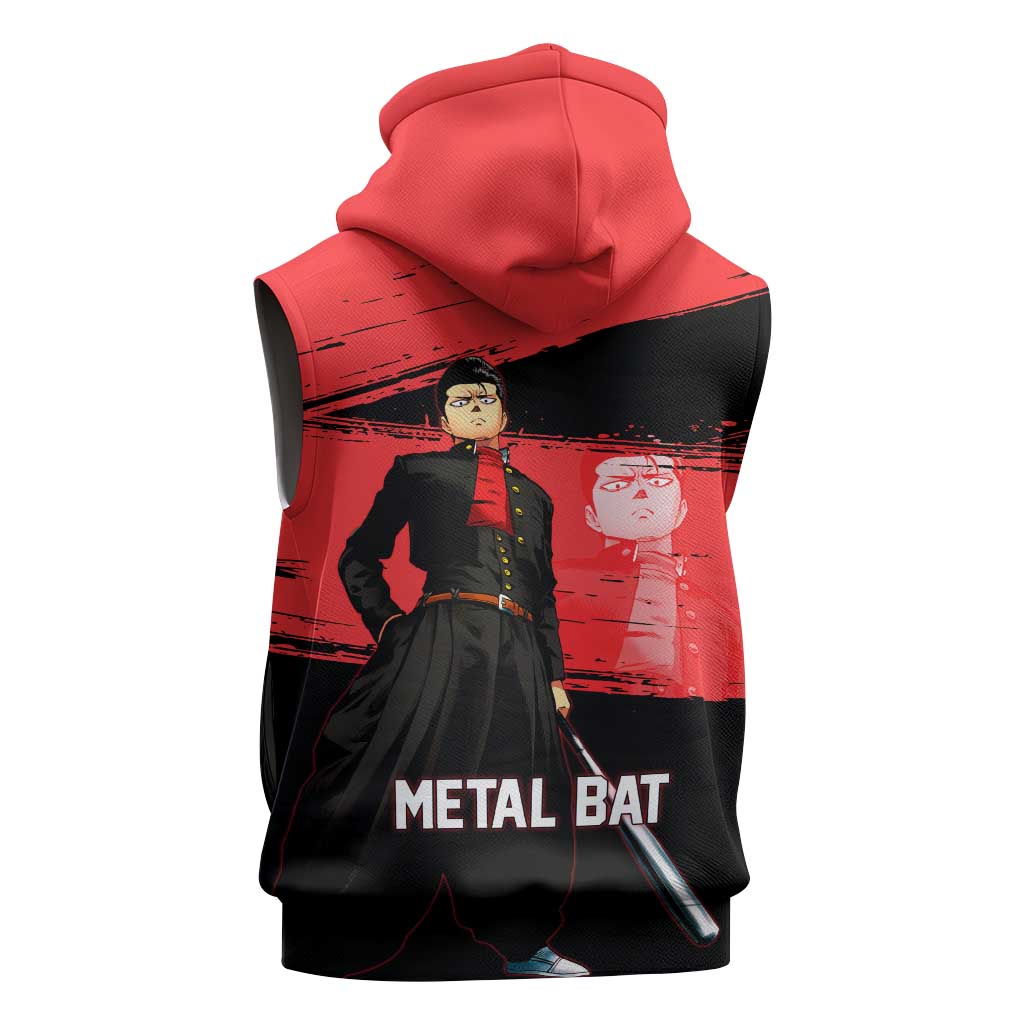Metal Bat One Punch Man Anime Red and Black Theme Sleeveless Hoodie with Street Fighter Style and Bold Bat Stance - The Mazicc